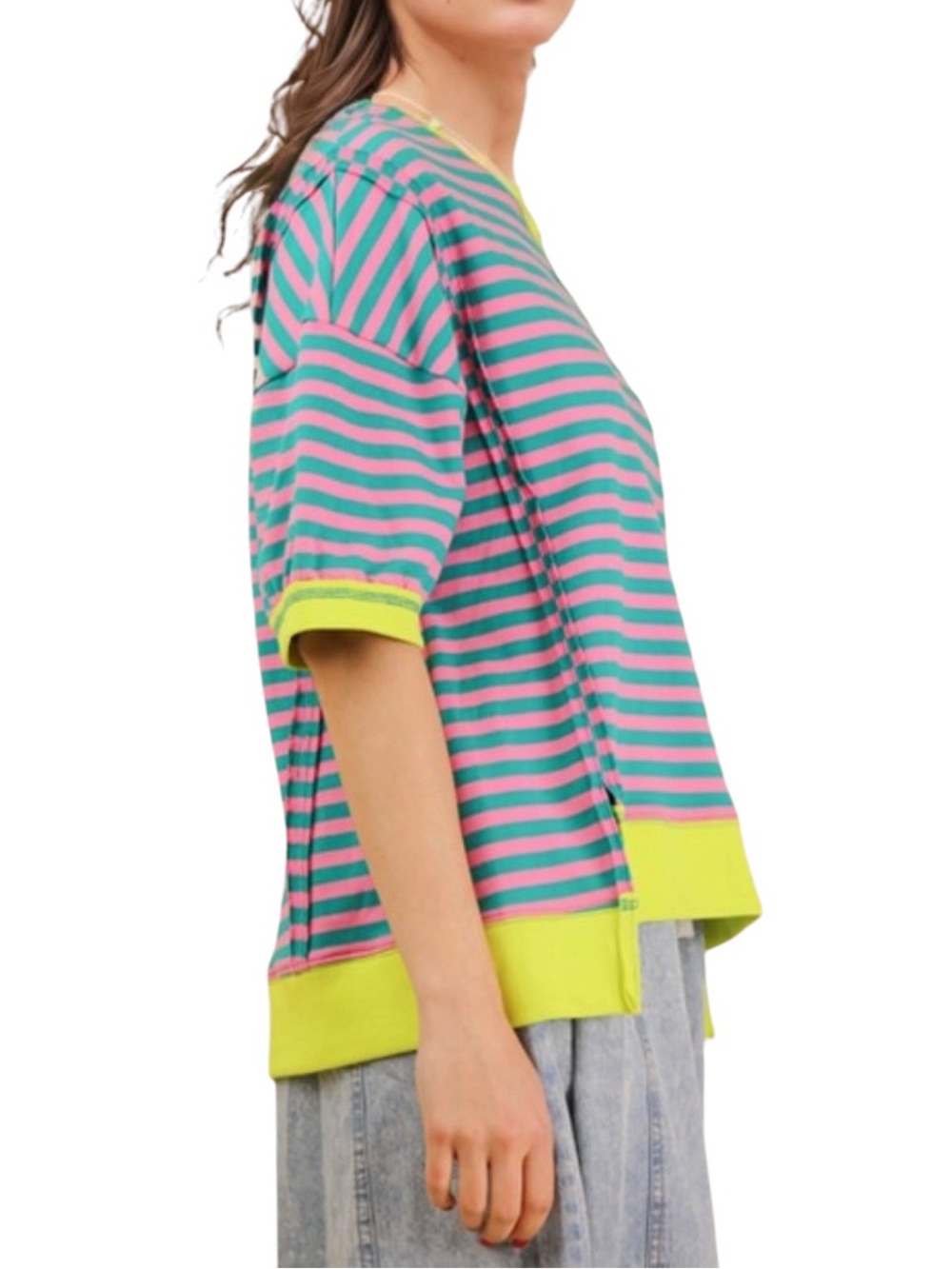 Striped Boxy Sweatshirt in Pink & Teal with Lime Trim